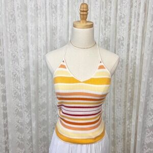 American Eagle Yellow Orange Striped Halter Tank Top Women's M‎ Ribbed Beachy